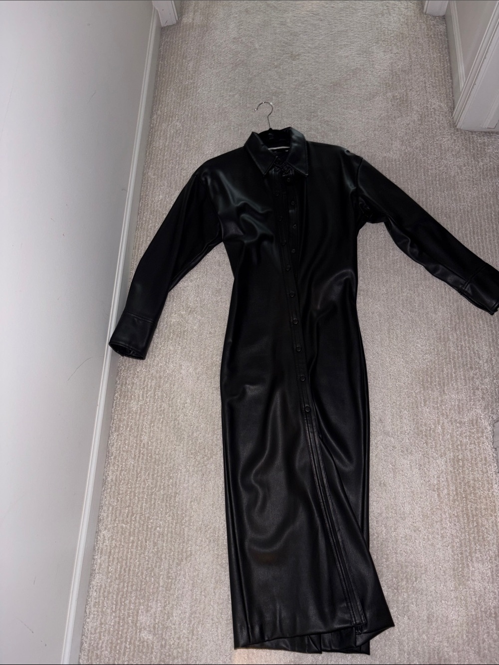 Zara Black Faux Leather Long Sleeve Button-Front Maxi Dress